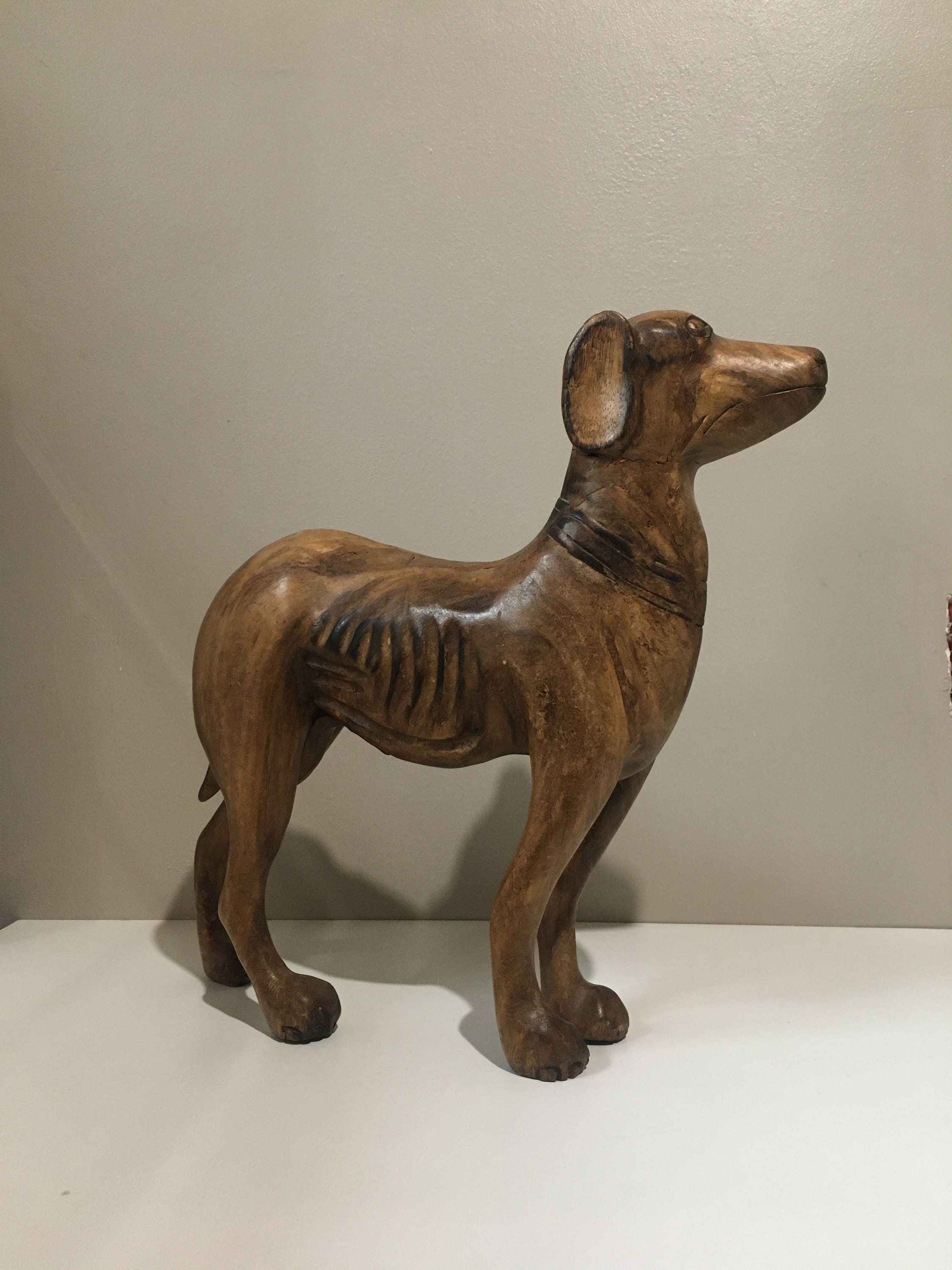 Grande Sculpture Chien Vintage Bois Artisanale Fait Main Ancien Moderne Decoration