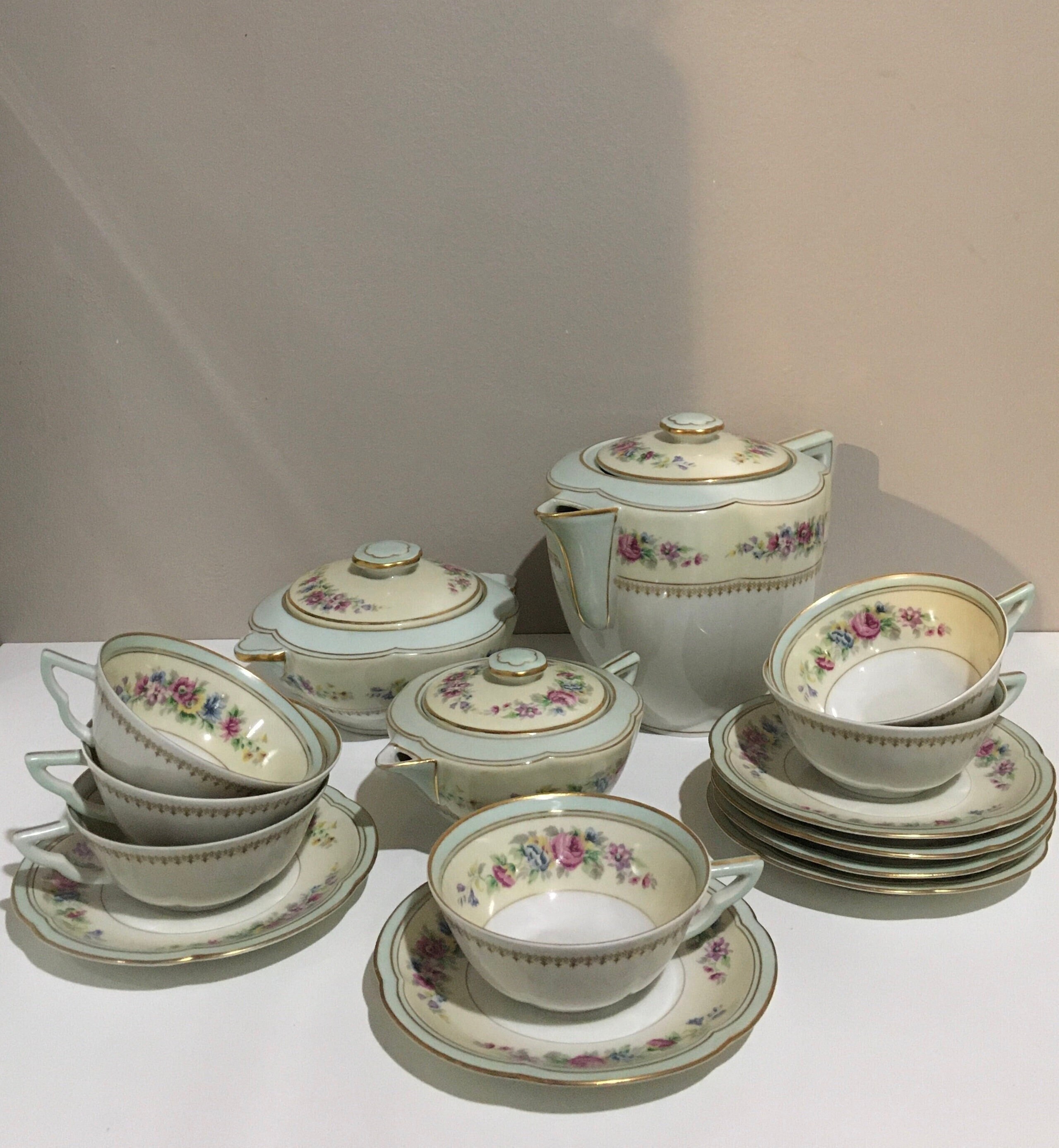 Service Thé Limoges Charles Ahrenfeldt Français Ancien Vintage Romantique Fleurs Art Deco