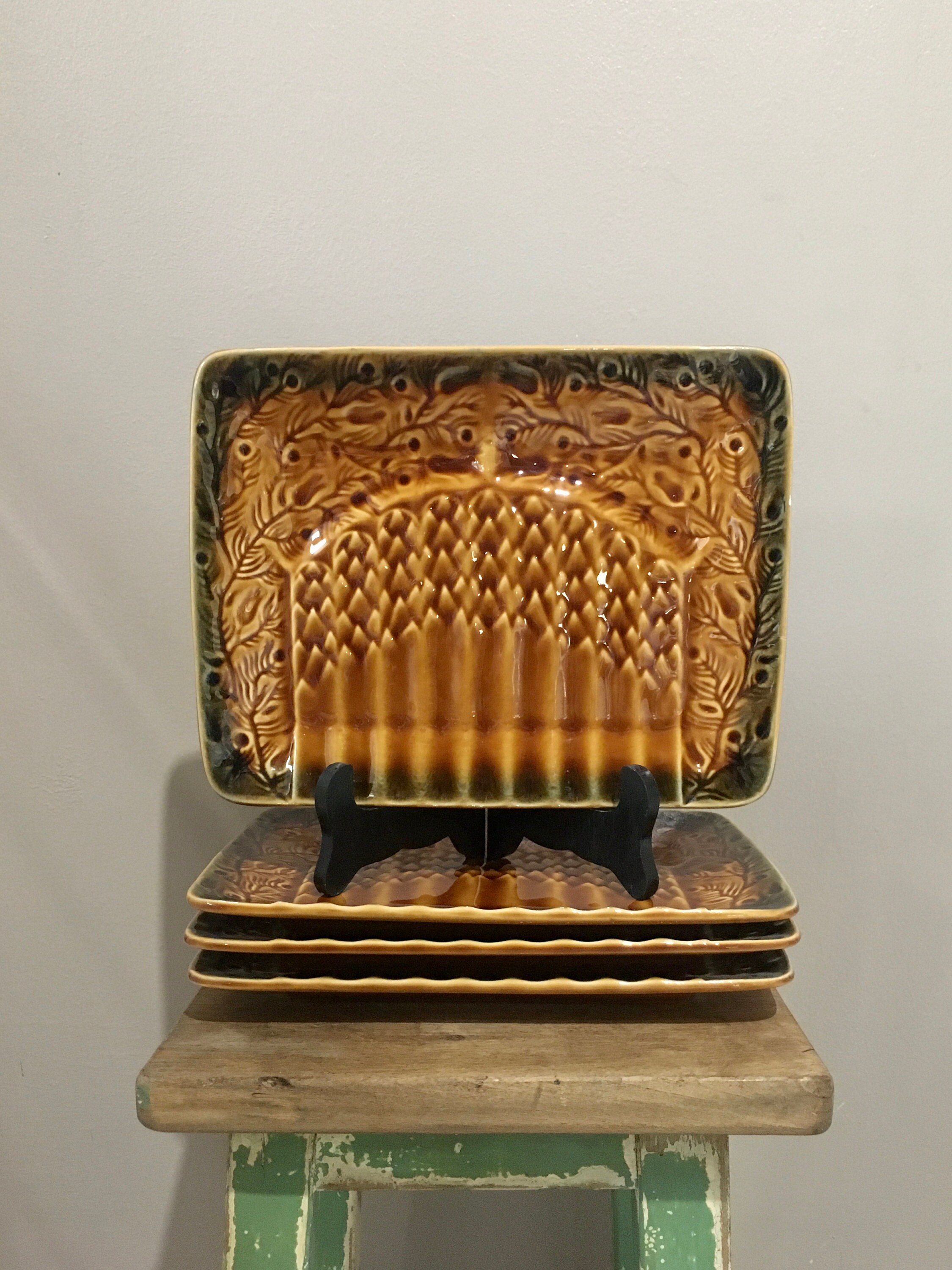 Lot 4 Assiettes Barbotines Asperges Française Anciennes Vintage Plaques Sarreguemines