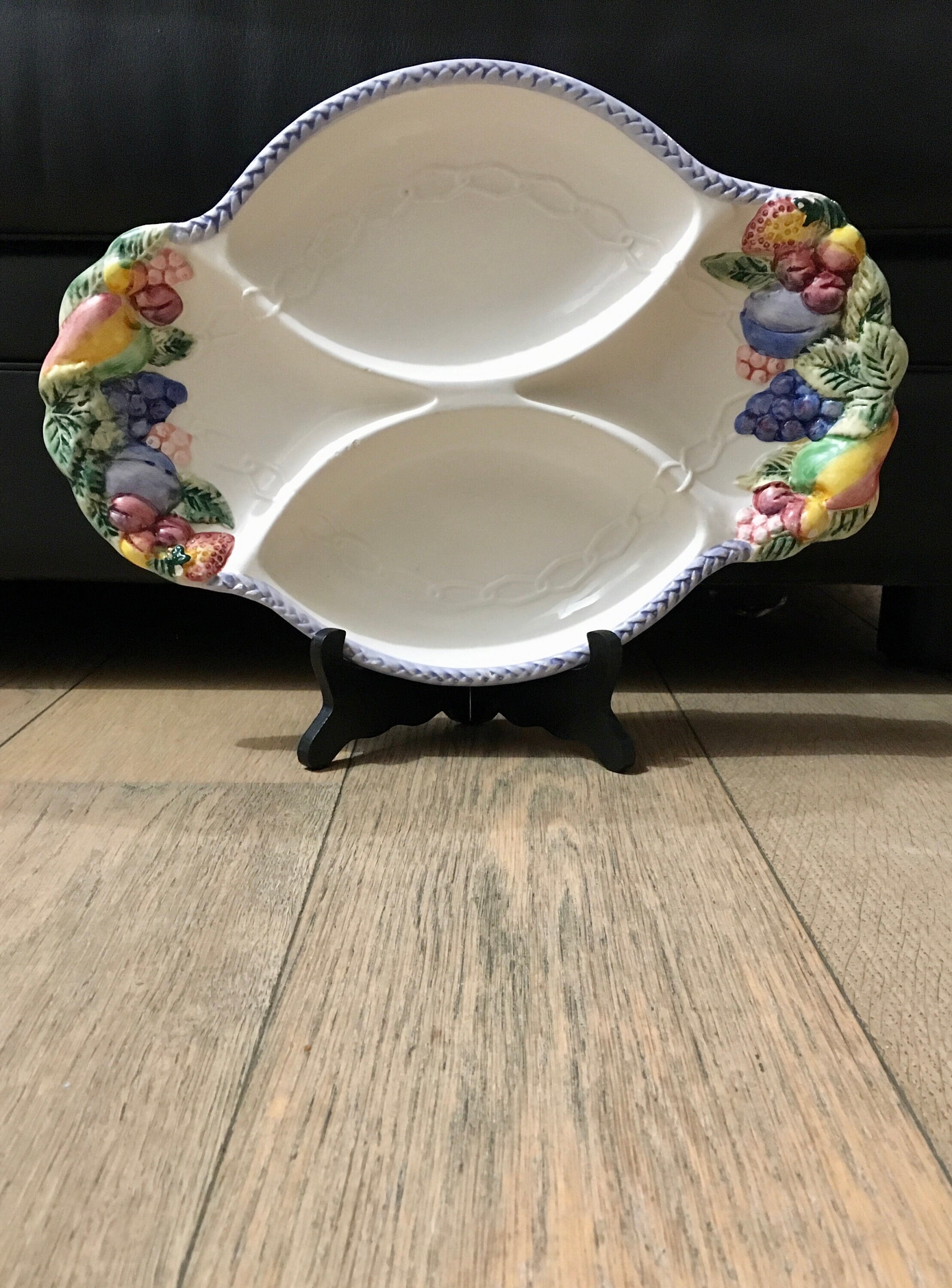 Plat Compartimenté Vintage Majolique Barbotine Ancien Plat Vaisselle Français Vintage