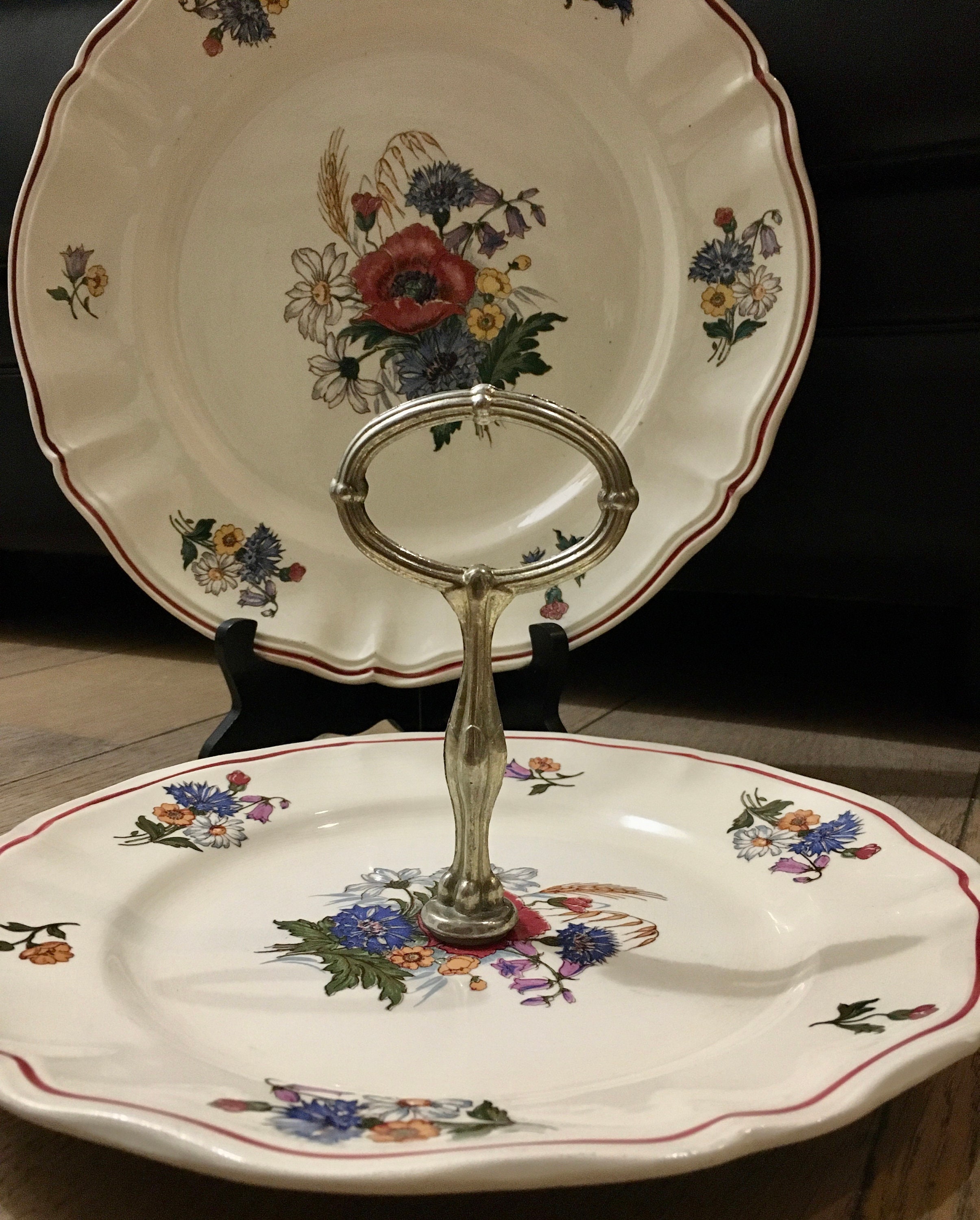 Ensemble Plateau Service Fromage/Pâtisseries/Desserts + Grand Plat de Sarreguemines Ancien Campagne 