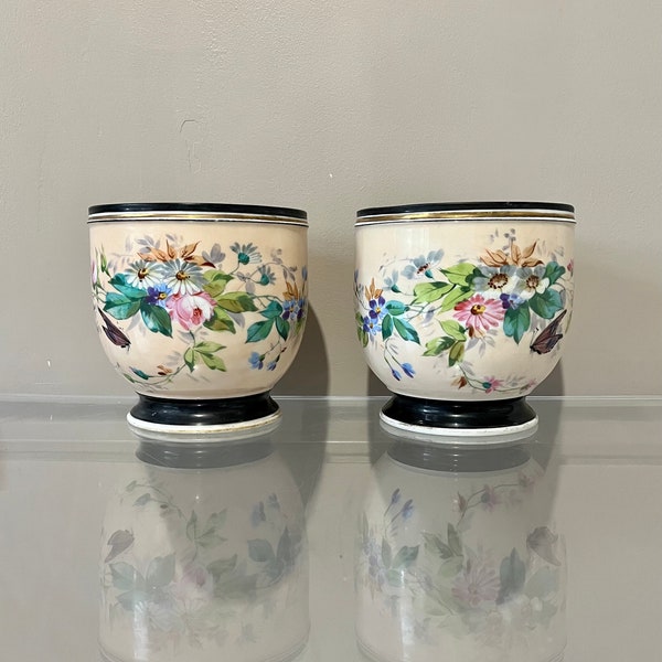 Paire cache pot porcelaine français ancien Napoleon III papillon fleurs jardinière