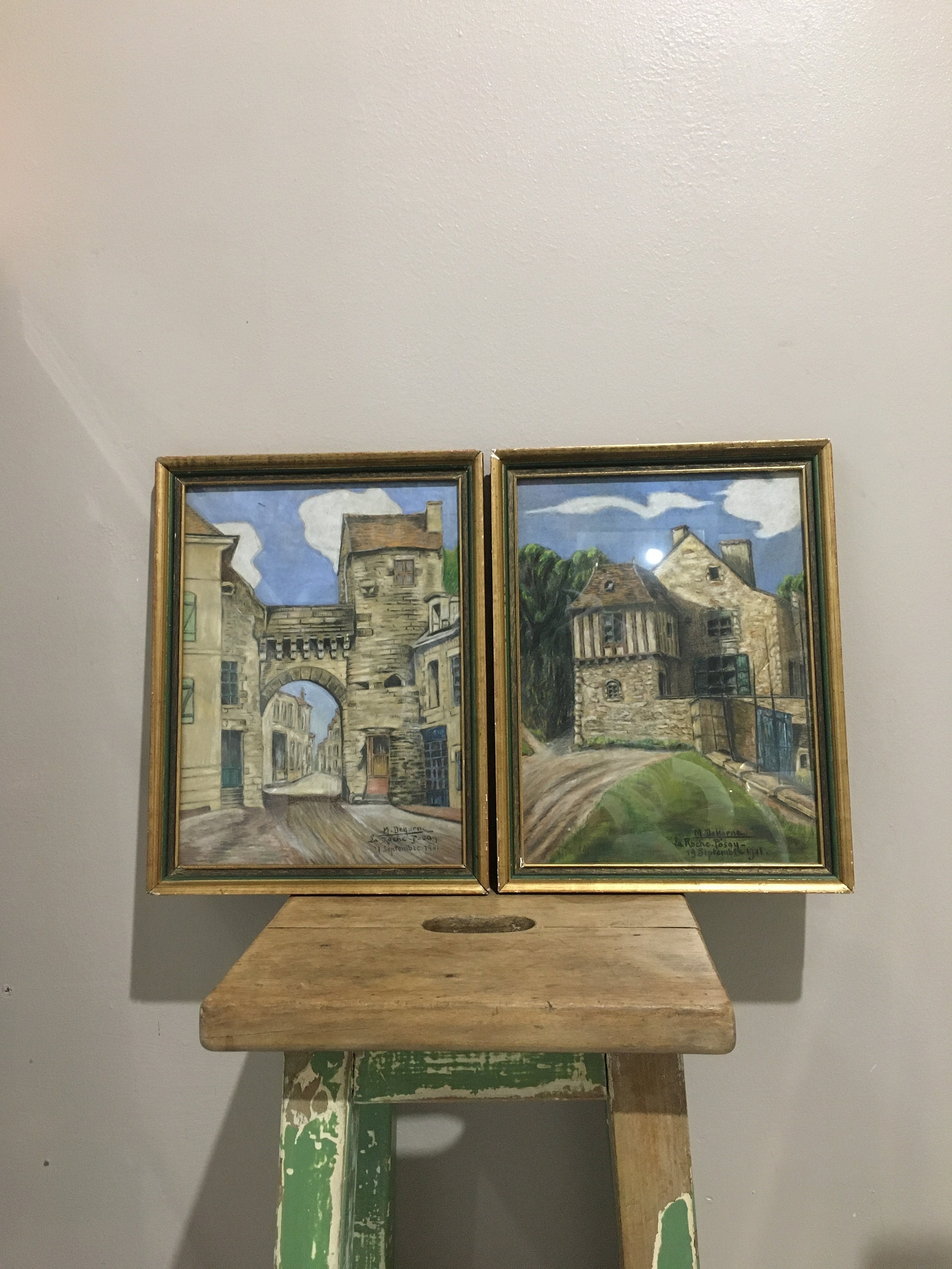 Jolie Paire de Tableaux Anciens Français Dessins Vintage Encadrés