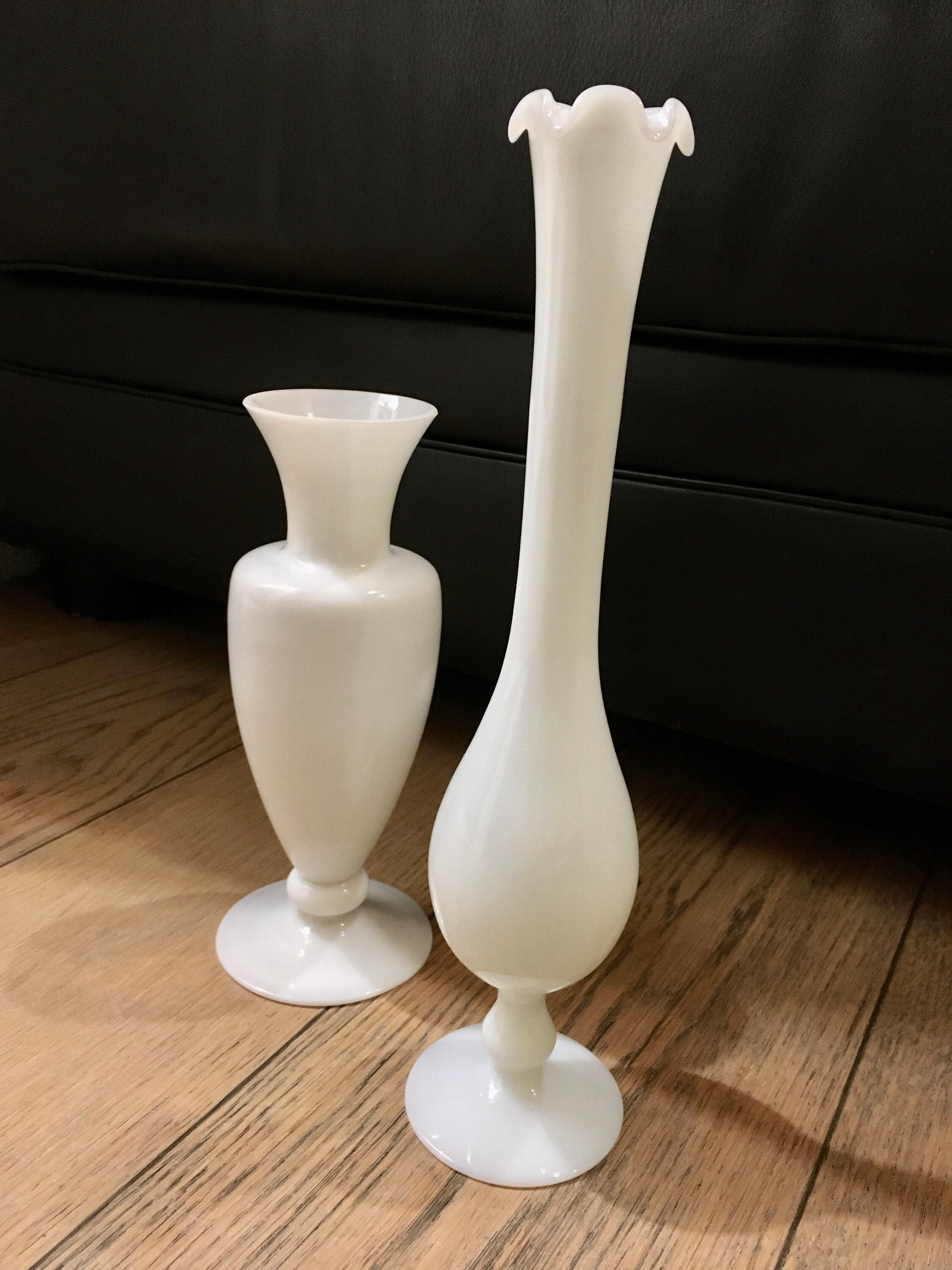 Ensemble Vase Opaline Blanche Ancien Vintage Soliflore Italien