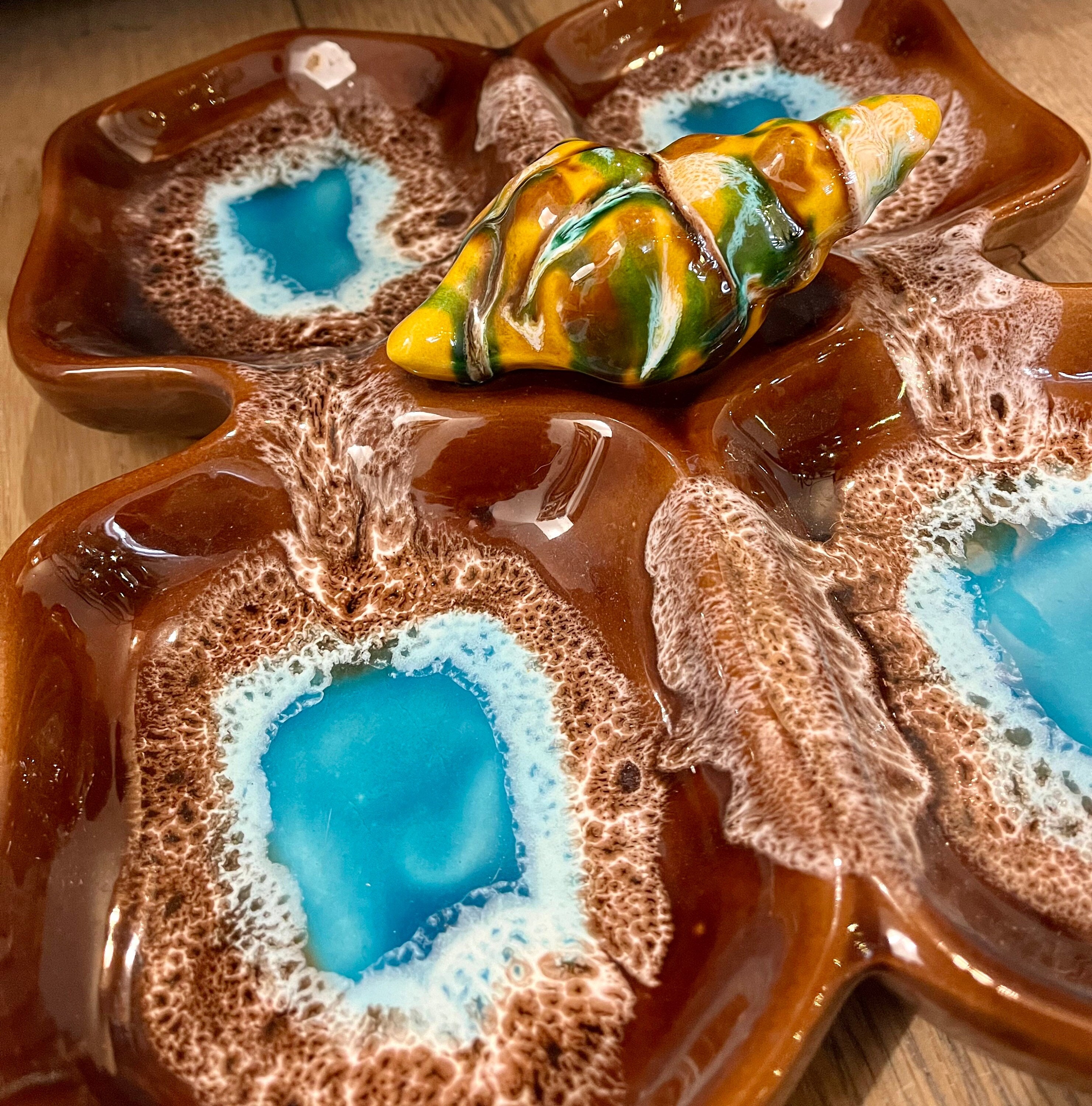 Plat Compartimenté Apéritif Vintage Majolique Barbotine Ancien Plat Vaisselle Français Vallauris Tur