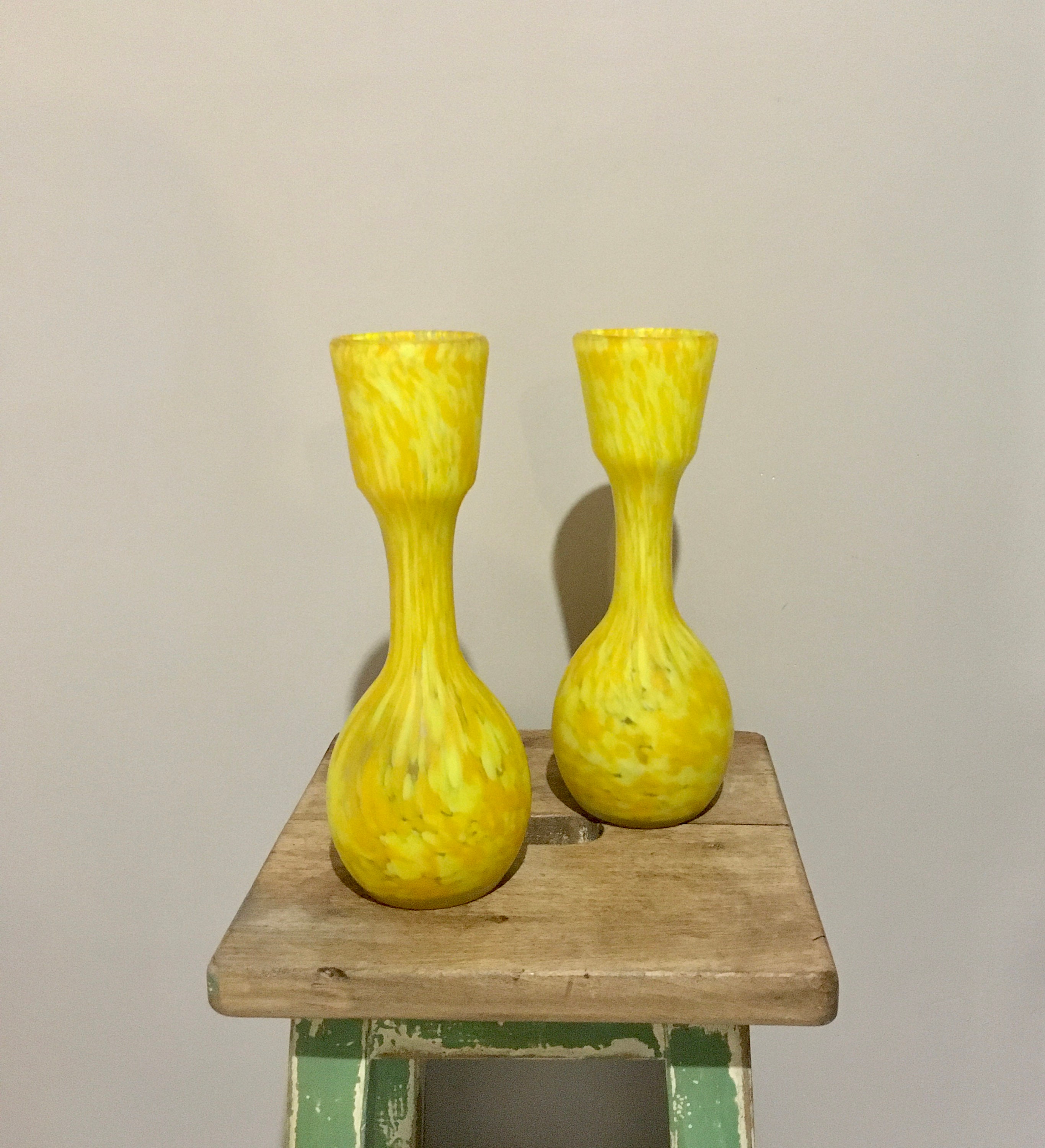 Paire Vase Verre Soufflés Marmoréen Vintage Ancien Jaspé