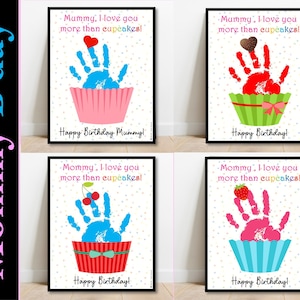 Mutter Geburtstag Handabdruck Karte, alles Gute zum Geburtstag Mama Geschenk, druckbare DIY Basteln für Mutter Geburtstag, Cupcake Handabdruck, Mama Geburtstag