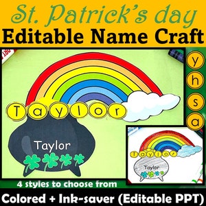 St Patricks Day Name Craft, Pot of Gold Rainbow, Editable (Digital Download)