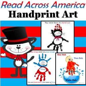 National Read Across America Day Handprint Art and Craft, Cat with a Red Hat Handprint, Cute Fish Handprint, Small Thing Handprint Printable