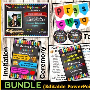 Preschool Graduation Ceremony Set, Editable Diploma, Ceremony Program, Invitation, Tag, Banner, Printable, Instant Download