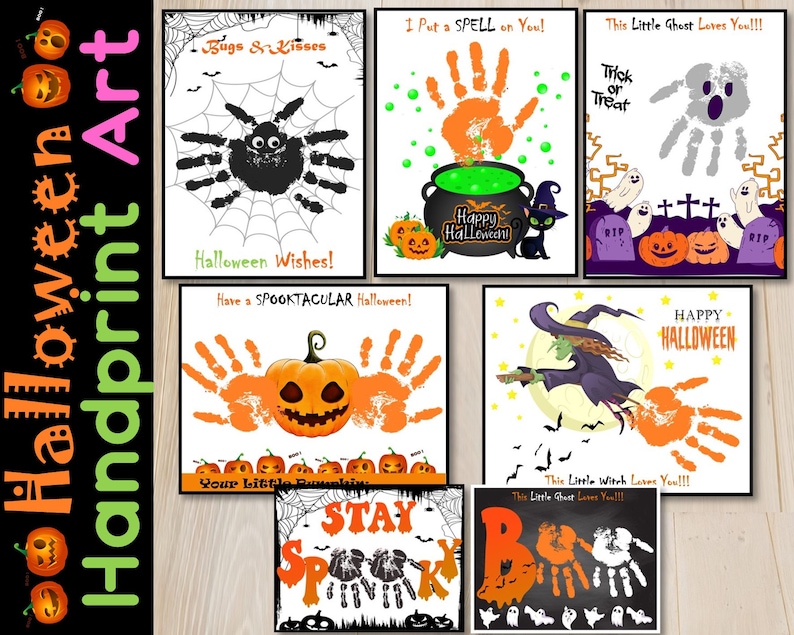 May include: A set of printable Halloween handprint art cards. Each card features a different Halloween theme, such as a spider, a pumpkin, a ghost, a witch, and a bat. The cards are designed to be used with children's handprints to create unique and personalized Halloween decorations.