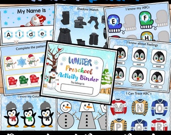 May include: A colorful printable winter-themed preschool activity binder with a penguin, snowman, and mitten illustrations. The binder includes activities such as tracing letters, matching shadows, and completing patterns.