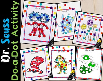 Dr. Seuss Do-A- Dot Printable for Preschool, Cat in the Hat, Lorax, Thing 1 Thing 2, Read Across America Week Activity, Craft