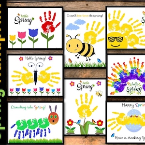 Frühlings-Handabdruck-Kunst-Bastelarbeiten, Andenken-Kunst, druckbare Frühlingskarte, Kindertagesstätte-Aktivität, DIY-Andenken, Kinder-Kleinkind-Frühling-Bastelarbeiten
