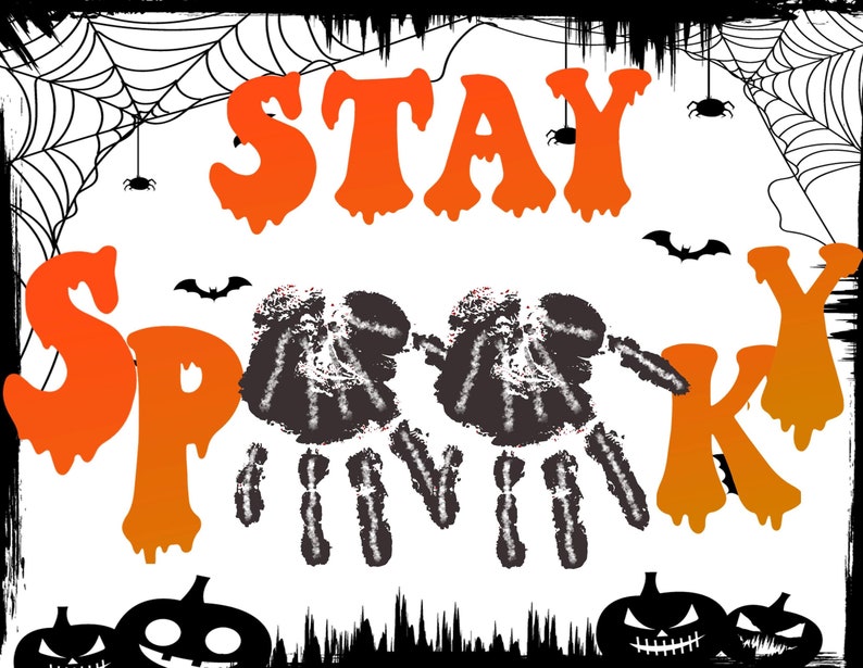 May include: Orange and black Halloween themed graphic with the text "Stay Spooky" and two black handprints. The handprints have white lines and are in the center of the image. There are black spiders and bats in the background.