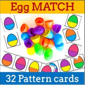 May include: A set of 32 colorful plastic eggs with different color patterns. The eggs are used for a matching game. The game is called "Egg Match".