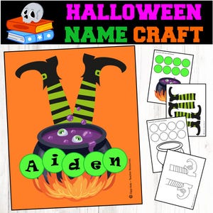 Puede incluir: Una actividad de manualidades de nombre de Halloween imprimible con piernas de bruja que sobresalen de un caldero con rayas verdes y negras. El nombre "Aiden" está escrito con círculos verdes alrededor del caldero.