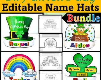 St Patricks Day Editable Name Hats Craft, Rainbow Leprechaun Shamrock (Auto-Fill PDF)