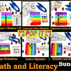 May include: A set of printable educational activities for kids featuring colorful rainbow pop-it fidget toys and cards with numbers, letters, and shapes. The set includes "Pop the Number", "Pop the Letter", "Pop the Shape", and "Pop the Numbers and Shapes".