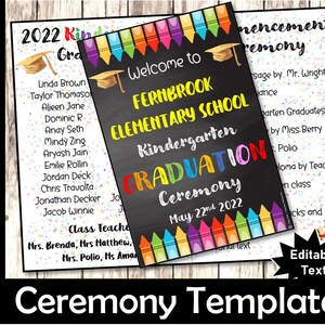 EDITABLE Graduation Ceremony Program Template, Preschool, Pre-K. Kindergarten, All Grade, Elementary School Graduation Ceremony, Printable