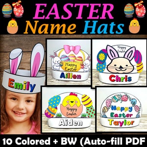 May include: A collection of Easter-themed name hats. Designs include bunny ears, Easter eggs, chicks, and the text "Happy Easter." Each hat features a name: Emily, Aillen, Chris, Aiden, and Taylor. The image also includes the text "10 Colored + BW (Auto-fill PDF)."