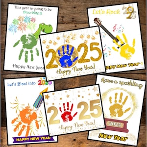 Lot d'oeuvres d'art souvenir empreinte de main nouvel an 2025, travaux manuels, carte de voeux imprimable de bonne année, tout-petits, enfants d'âge préscolaire