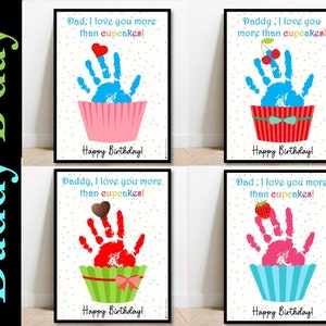 Carte d’empreinte de main d’anniversaire de papa, cadeau artisanal de joyeux anniversaire de papa, artisanat de bricolage imprimable pour l’anniversaire du père, empreinte de main de cupcake, souvenir image 1