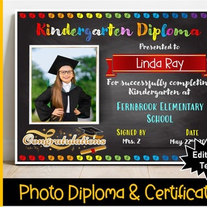 EDITIERBARE Kindergarten-Diplom mit Foto, Kindergarten-Zertifikat, Tafel, Kindergarten-Abschluss, Promotion, Printable, Zeremonie-Zeichen