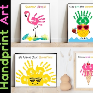 Arte artesanal con huellas de manos de verano, tarjeta de felicitación de verano, arte de recuerdo para niños pequeños, guardería, niños en edad preescolar, niños de jardín de infantes,