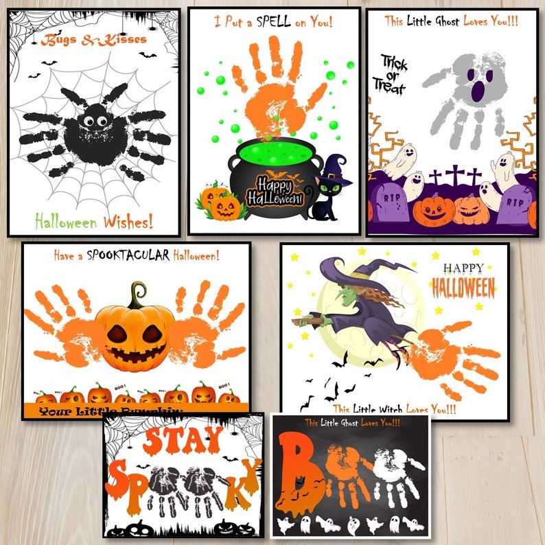 May include: Set of 6 printable Halloween cards featuring handprint art with various Halloween themes. The cards include a spider, a witch, a ghost, a pumpkin, and a cauldron. The text on the cards includes "Bugs & Kisses", "Halloween Wishes", "Have a Spooktacular Halloween", "I Put a Spell on You", "This Little Ghost Loves You!!!", "This Little Witch Loves You!!!", "Trick or Treat", "Happy Halloween", and "Stay Spooky".