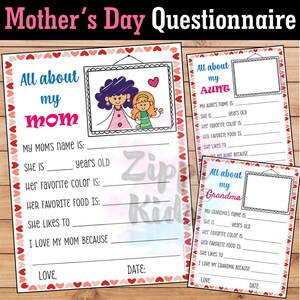 Cuestionario del Día de la Madre, actividad de escritura "Todo sobre mi mamá", tarjeta del Día de la Madre, regalo para nana, mamá, gigi, abuela