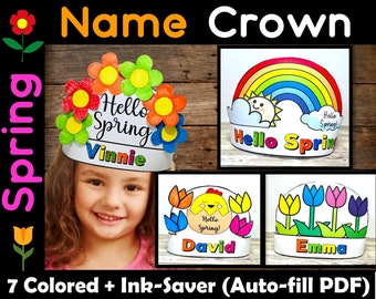 Spring Crown Hat Craft Printable, Name Hat Spring Activities, Name Practice, Hello Spring Party Crown, Rainbow Crown, Flower paper crown