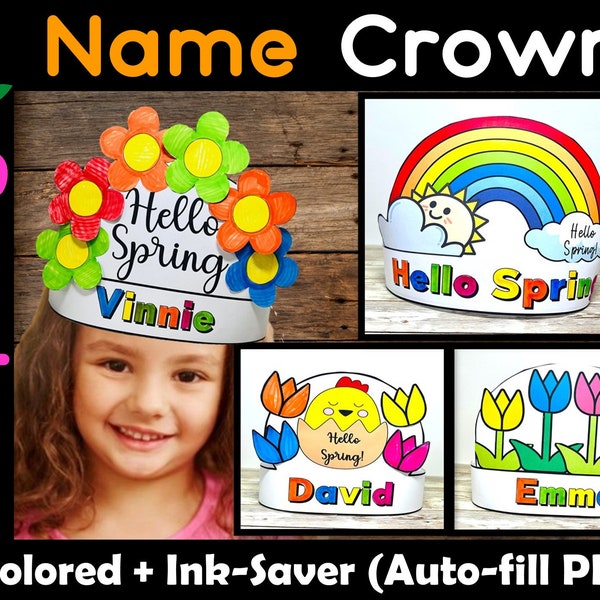 Spring Crown Hat Craft Printable, Name Hat Spring Activities, Name Practice, Hello Spring Party Crown, Rainbow Crown, Flower paper crown