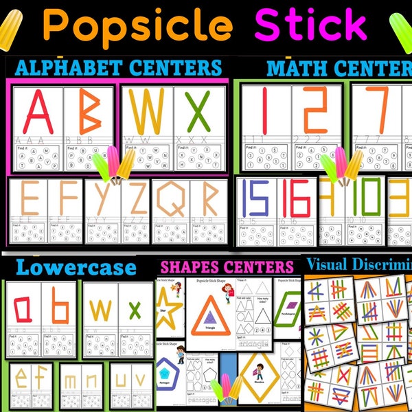 Popsicle Sticks Alphabets, Numbers, Shapes, Visual Discrimination, Letter Recognition, Activity Games, Pattern,