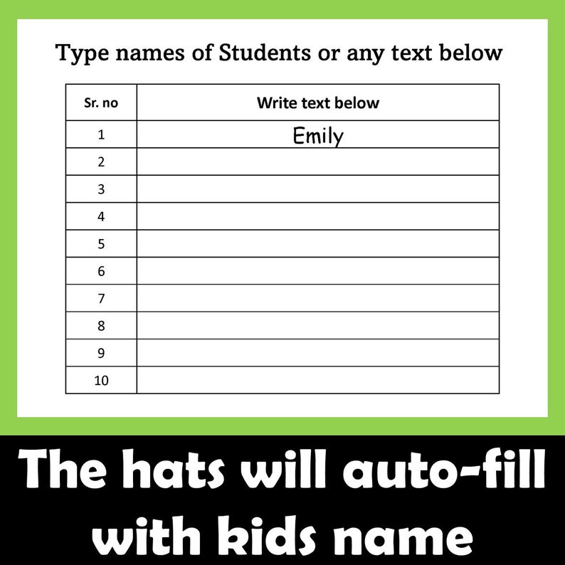 May include: A white sheet of paper with a table for writing names, with the text "Type names of Students or any text below" at the top. The first entry reads "Emily". The bottom text says "The hats will auto-fill with kids name".