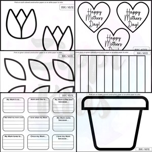 May include: A printable Mother's Day craft activity for kids. The black and white printable includes a flower, leaves, a pot, and a heart with the text "Happy Mothers Day!"  Print on colored construction paper and color in the images.