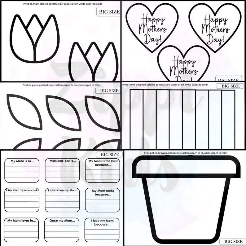 May include: A printable Mother's Day craft activity for kids. The black and white printable includes a flower, leaves, a pot, and a heart with the text "Happy Mothers Day!"  Print on colored construction paper and color in the images.