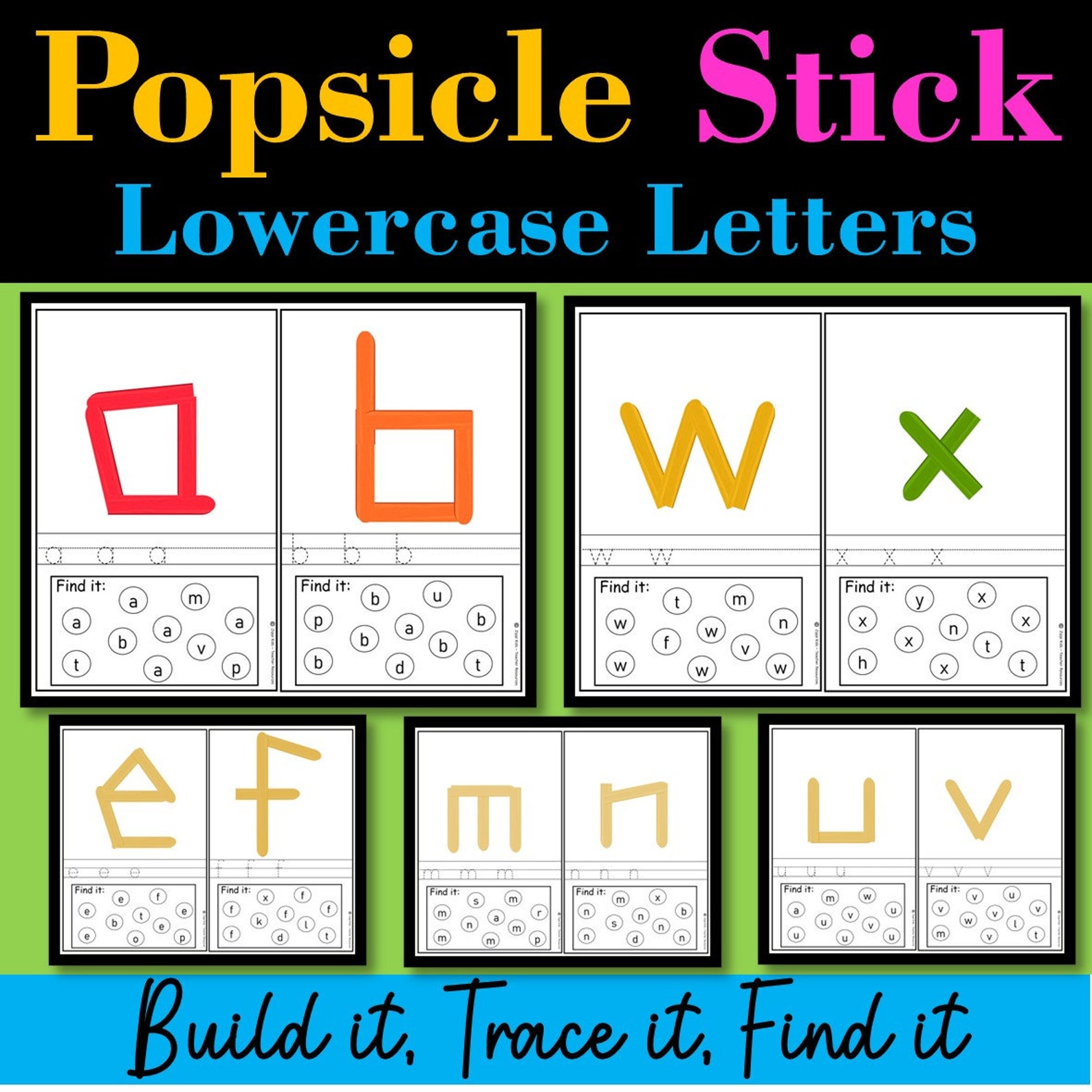 Popsicle Sticks Alphabets, Numbers, Shapes, Visual Discrimination