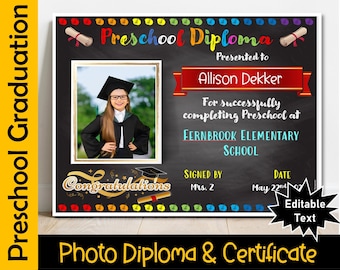 Diplôme préscolaire modifiable avec photo, certificat préscolaire, tableau noir - Graduation préscolaire, promotion, imprimable, signe de cérémonie