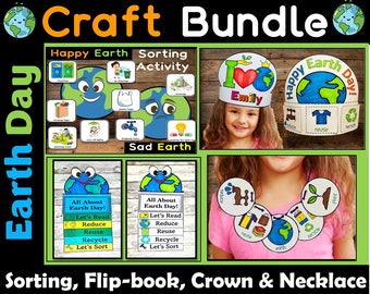 Earth Day Craft Activities Bundle imprimable, Earth Day Flip-book, Earth Day Name Crowns, Hats, Earth Day Necklace, Earth Day coloriage