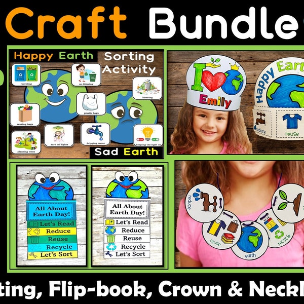 Earth Day Craft Activities Printable Bundle, Earth Day Flip-book, Earth Day Name Crowns, Hats, Earth Day Necklace, Earth Day coloring