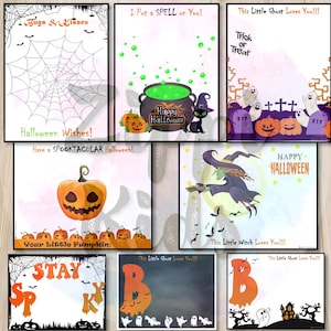 May include: A set of ten printable Halloween cards featuring various spooky and cute designs. The cards include a spiderweb, a cauldron with green potion, a witch flying on a broomstick, a ghost, and a pumpkin. The text on the cards includes "Bugs & Kisses", "Halloween Wishes", "Have a SPOOKTACULAR Halloween", "I Put a SPELL on You", "This Little Ghost Loves You", "Trick or Treat", "Happy Halloween", "Your Little Pumpkin", "Stay Spooky", "This Little Witch Loves You", and "This Little Ghost Loves You".