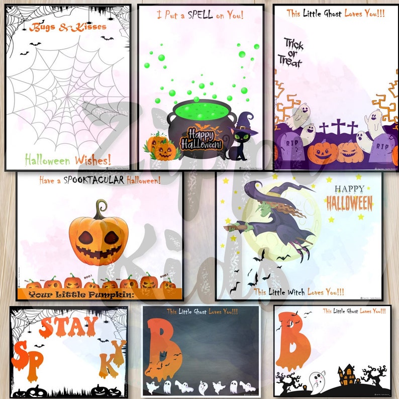 May include: A set of ten printable Halloween cards featuring various spooky and cute designs. The cards include a spiderweb, a cauldron with green potion, a witch flying on a broomstick, a ghost, and a pumpkin. The text on the cards includes "Bugs & Kisses", "Halloween Wishes", "Have a SPOOKTACULAR Halloween", "I Put a SPELL on You", "This Little Ghost Loves You", "Trick or Treat", "Happy Halloween", "Your Little Pumpkin", "Stay Spooky", "This Little Witch Loves You", and "This Little Ghost Loves You".
