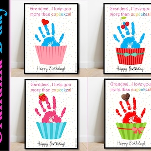 Grandma Birthday Handprint Card, Happy Birthday GrandMom Craft Gift, Printable DIY craft for GrandMother Birthday, Cupcake Handprint,