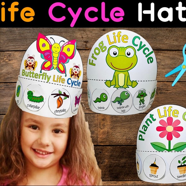 Life cycle of a Butterfly, Frog & Plant Crown Craft. Printable Hats, Life cycle Sequencing Activity, Coloring craft, Cut and Paste Craft