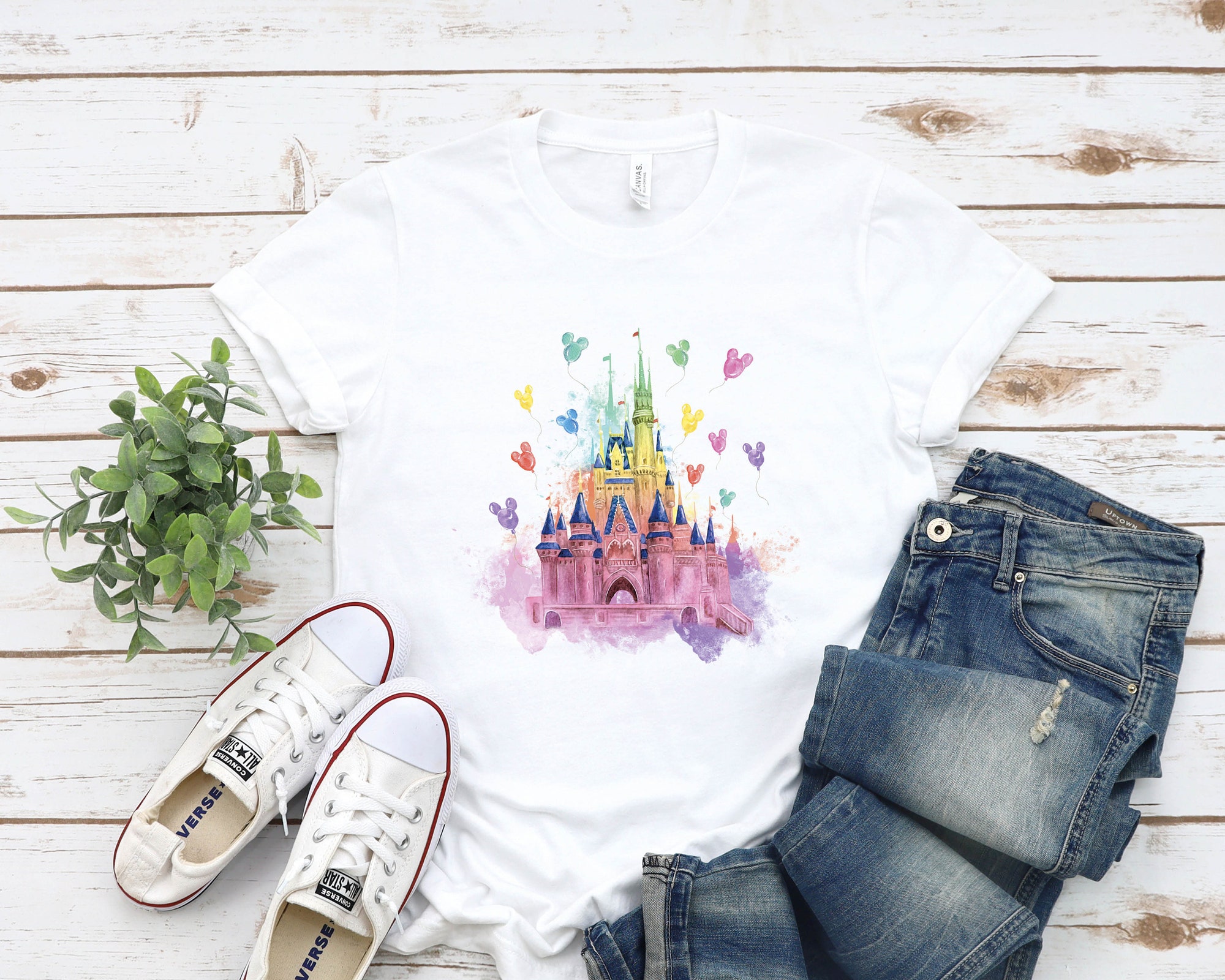 Discover Colorful Watercolor Castle and Mickey Balloons T-Shirt