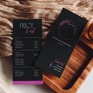 Modelo de lista de preços editável, planilha de preços para esteticistas e salões de cabeleireiro, formulário de preços Canva para bar de beleza faça você mesmo, preços para impressão, 4x8, 5x7, 8,5x11