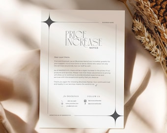 Sjabloon aankondiging prijsverhoging, schoonheidsspecialiste en kapsalon, moderne bewerkbare canvas prijslijst, afdrukbare aankondiging, 5 x 7, 8,5 x 11