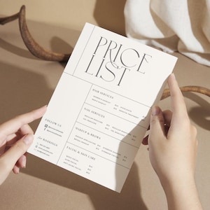 Modelo de lista de preços, planilha de preços de esteticista e salão de beleza, formulário de preços moderno editável do Canva, tabela de preços para impressão, 4x8, 5x7, 8,5x11