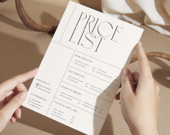 Price List Template, Esthetician and Beauty Salon Price Sheet, Modern Editable Canva Price Form, Printable Price Chart, 4x8, 5x7, 8.5x11
